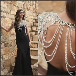 MAC DUGGAL 11775 Black Draped Pearl Beaded Mermaid Gown Dress
